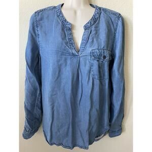 Love Tree Blue Chambray 3/4 Long Sleeve Notch V Neck Women's Hi Lo Blouse Size S